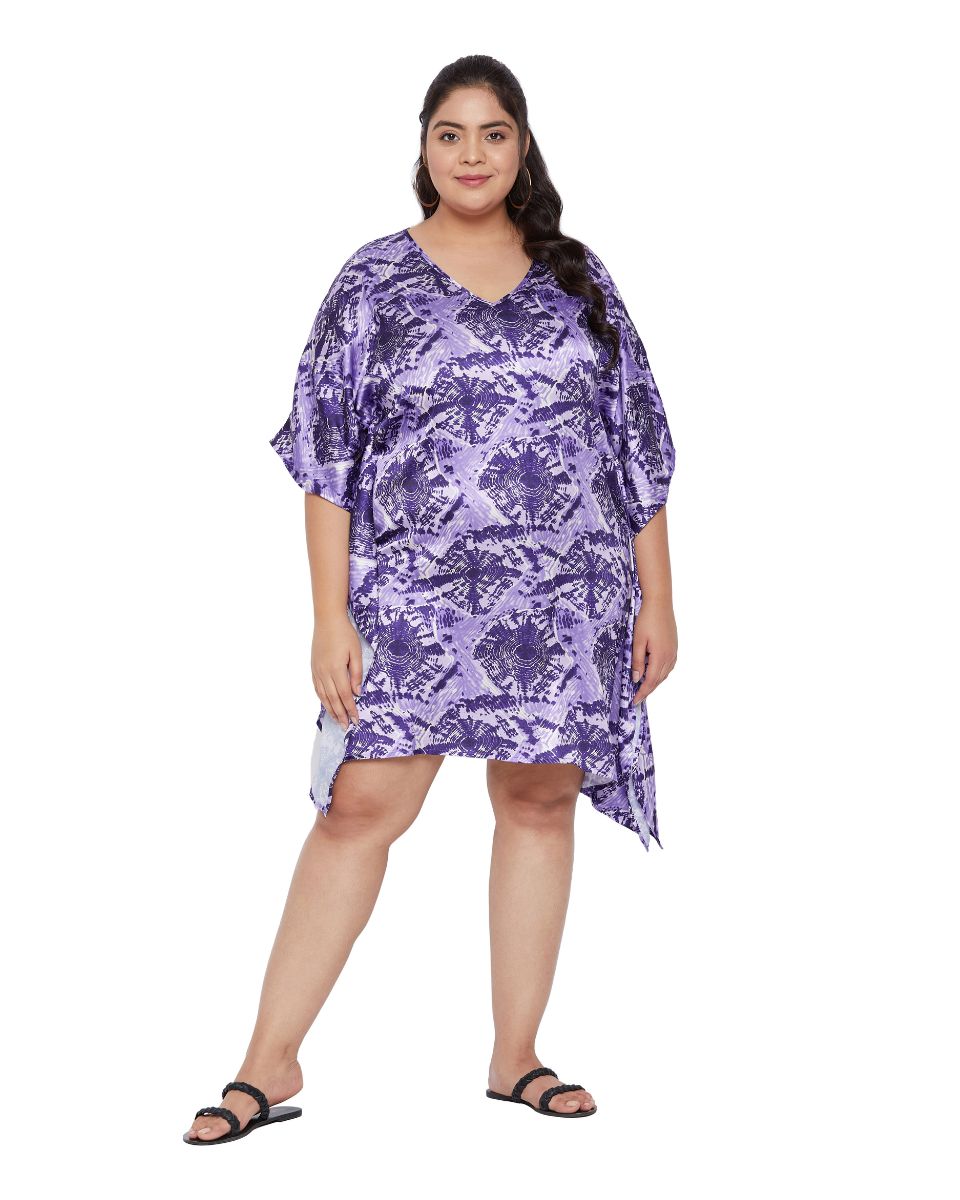 Top Poly Satin Purple Printed Plus Size Mini Tunic For Women