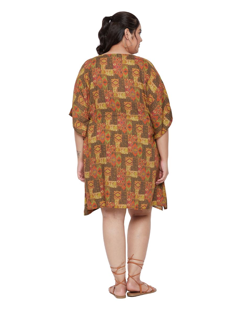 Kantha Pattern Brown Kimono Sleeve Satin Tunic For Plus Size Women