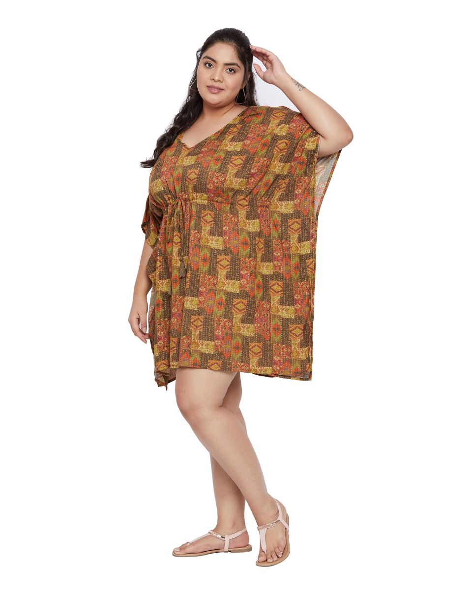 Kantha Pattern Brown Kimono Sleeve Satin Tunic For Plus Size Women