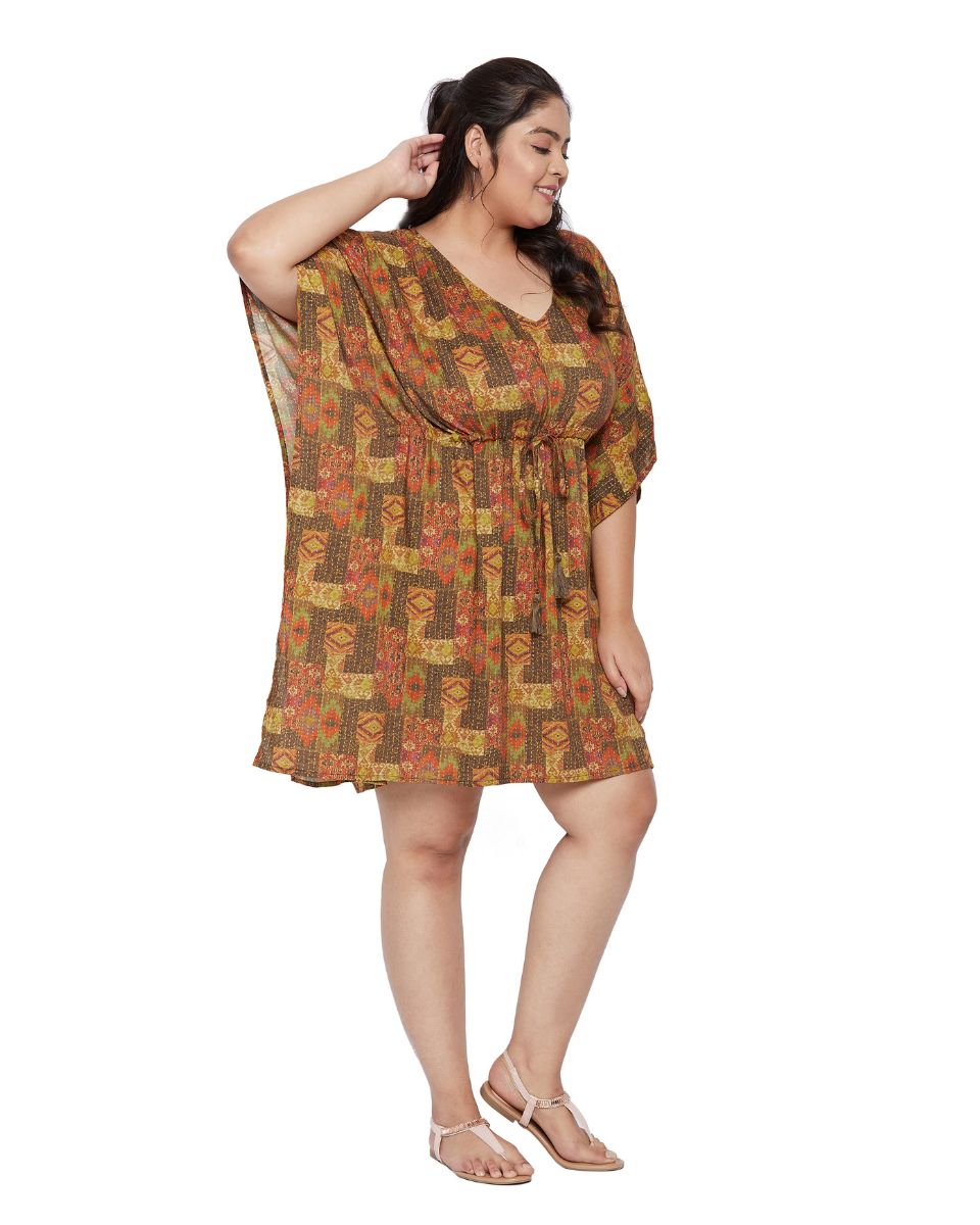 Kantha Pattern Brown Kimono Sleeve Satin Tunic For Plus Size Women