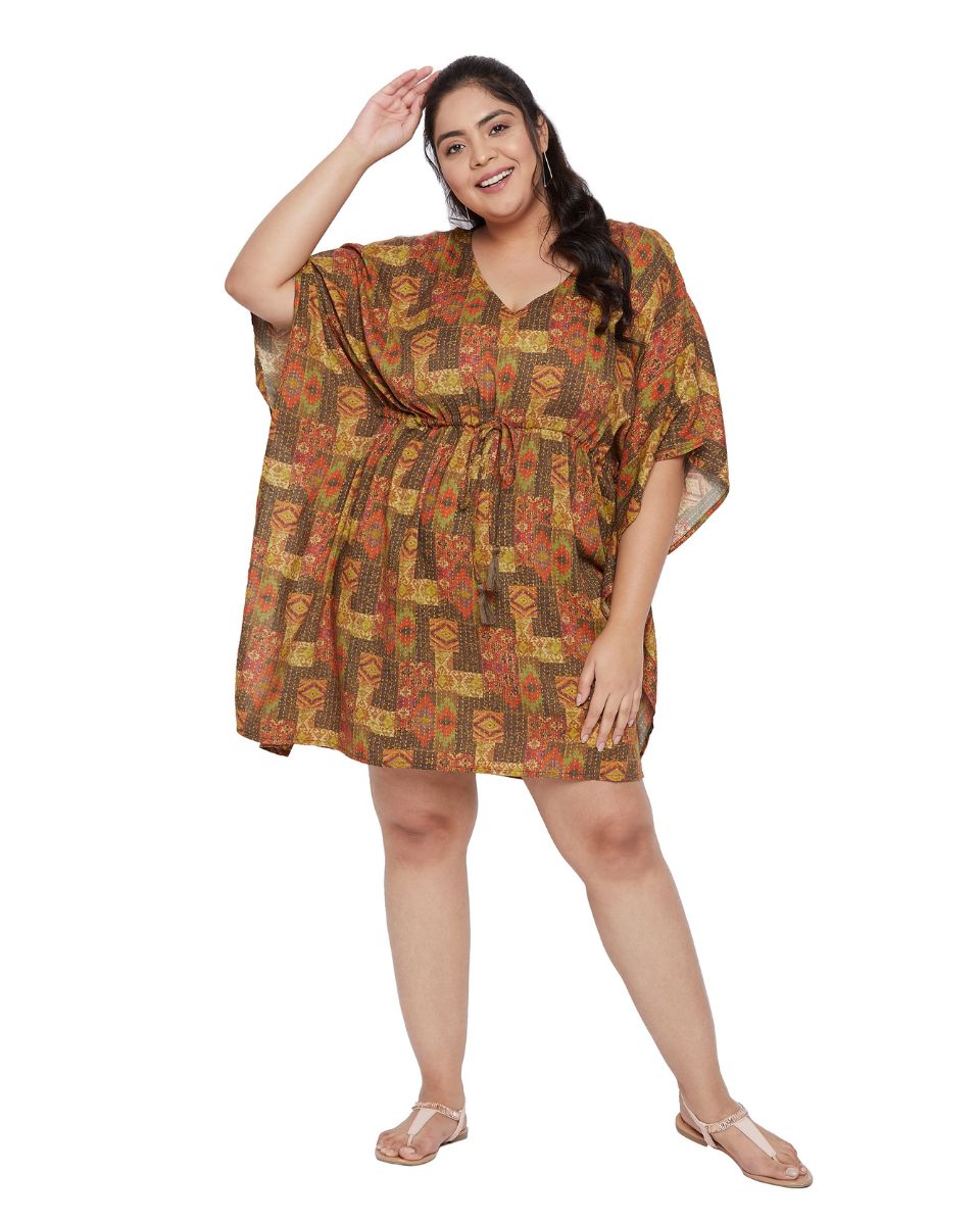 Kantha Pattern Brown Kimono Sleeve Satin Tunic For Plus Size Women