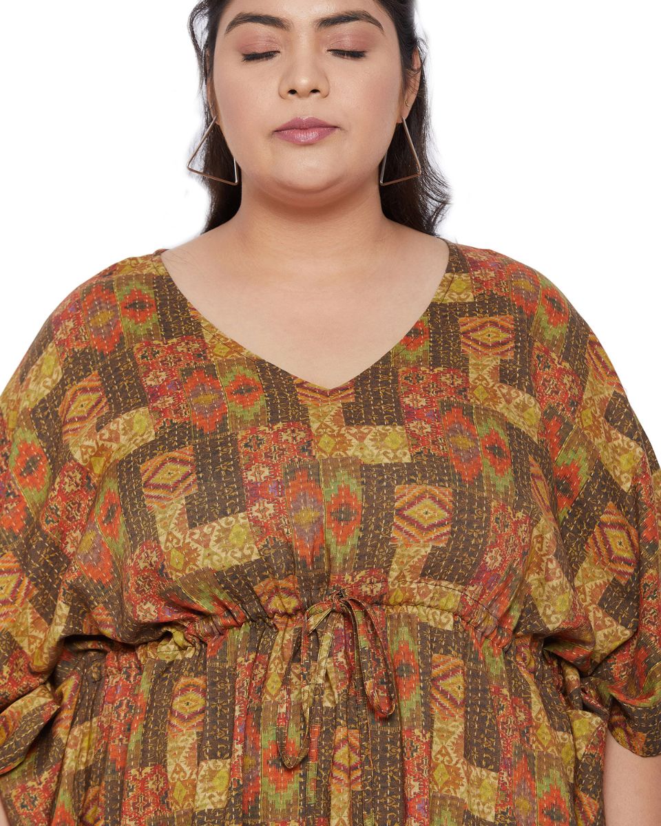 Kantha Pattern Brown Kimono Sleeve Satin Tunic For Plus Size Women