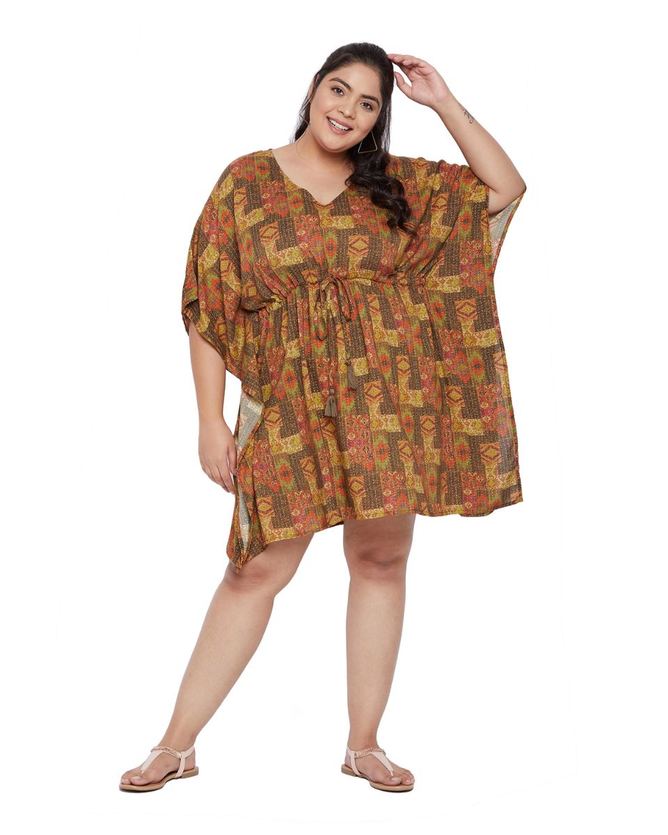 Kantha Pattern Brown Kimono Sleeve Satin Tunic For Plus Size Women