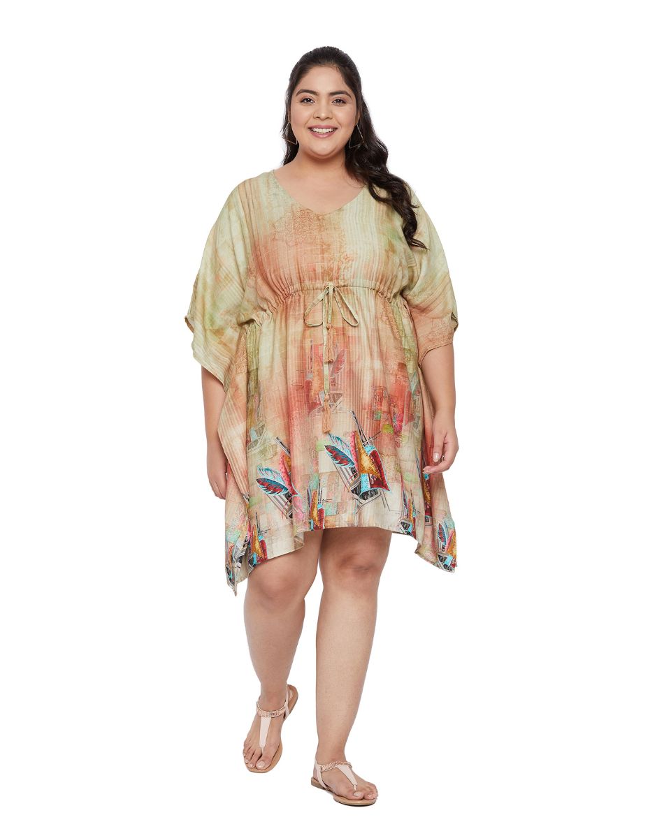 Color Beige Kimono Sleeve Plus Size Satin Tunic Dress For Women