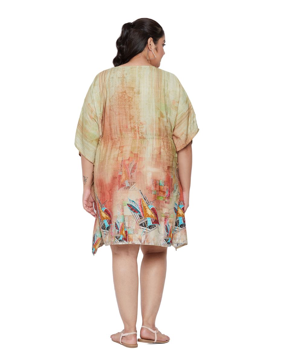 Color Beige Kimono Sleeve Plus Size Satin Tunic Dress For Women