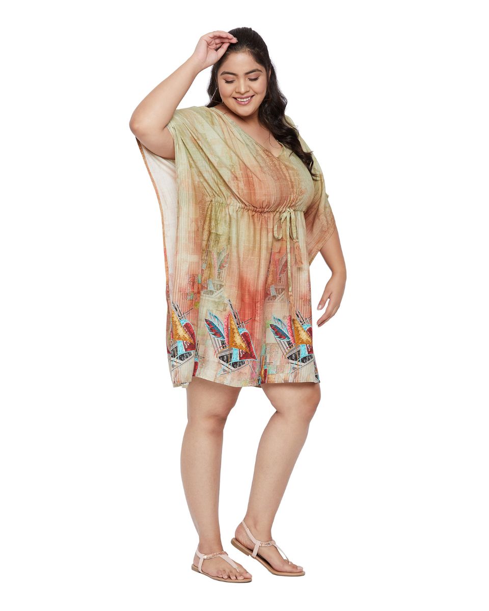 Color Beige Kimono Sleeve Plus Size Satin Tunic Dress For Women