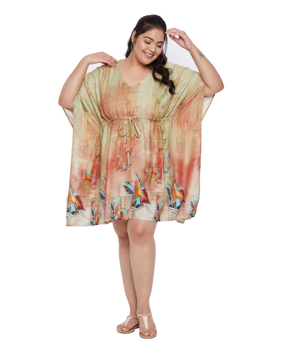 Color Beige Kimono Sleeve Plus Size Satin Tunic Dress For Women