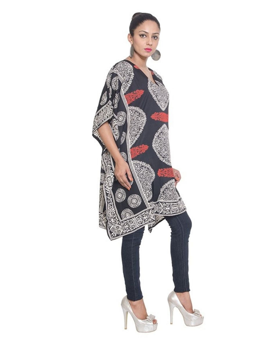 Red Abstract Polyester Short Tunic For Women