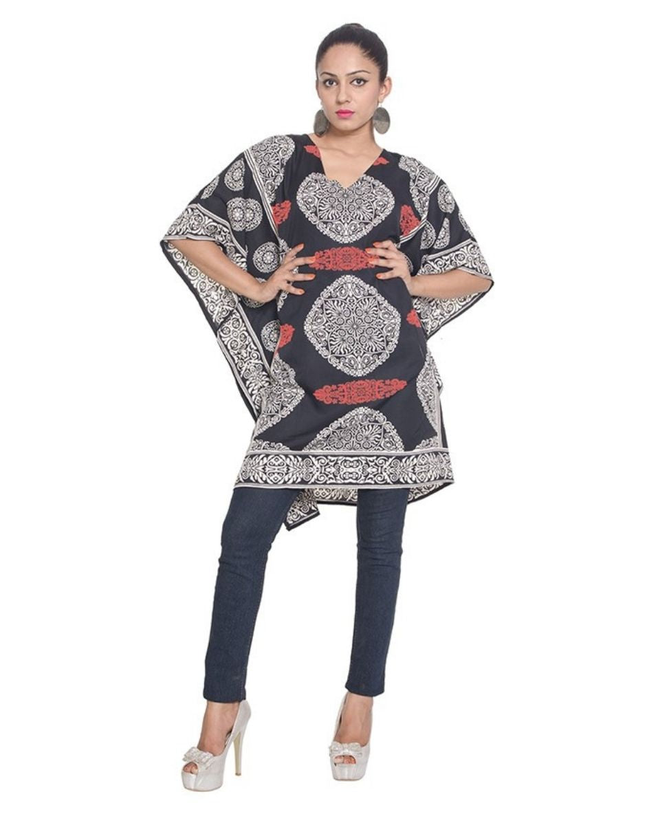 Red Abstract Polyester Short Tunic For Women