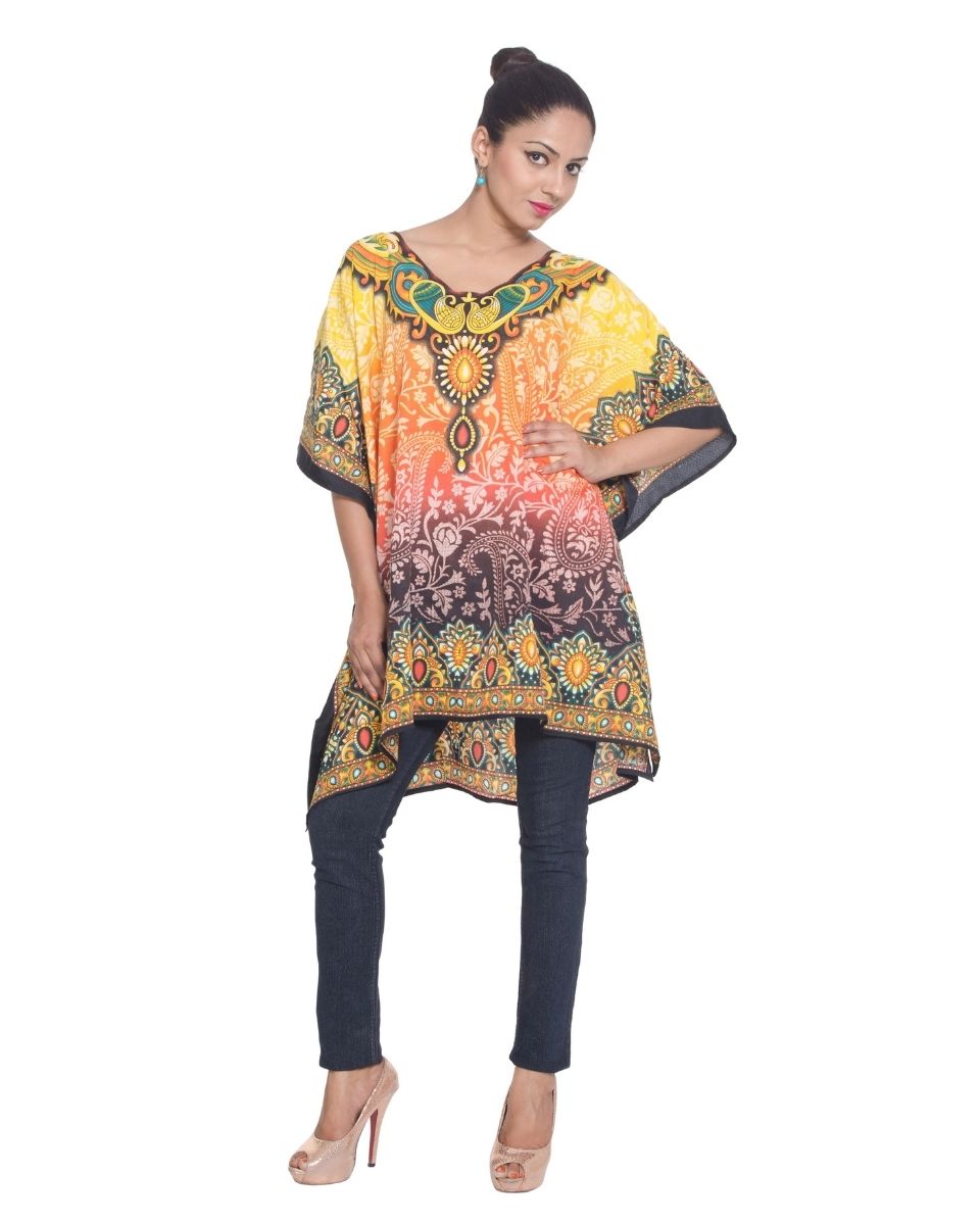 Yellow Polyester Paisley Pattern kimono Tunic For Plus Size Women