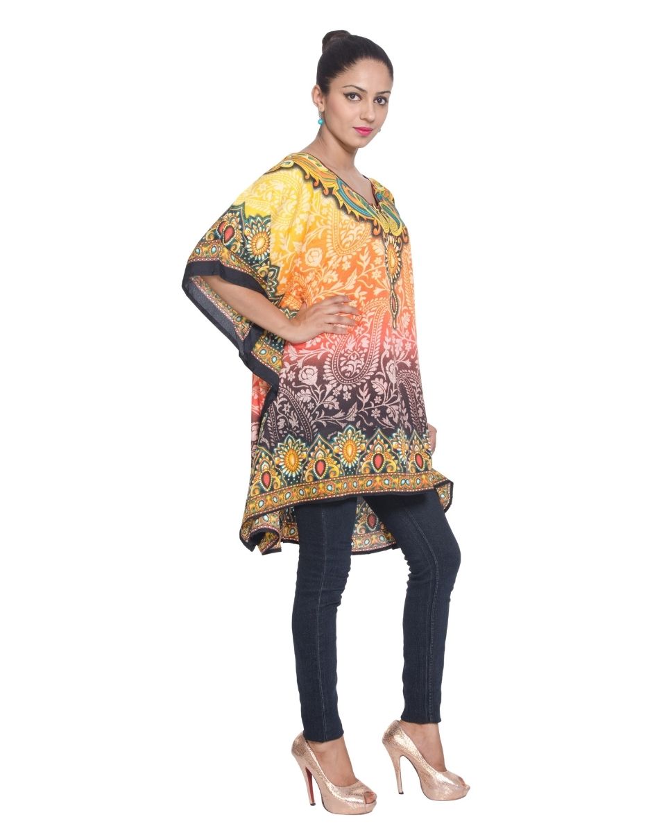 Yellow Polyester Paisley Pattern kimono Tunic For Plus Size Women