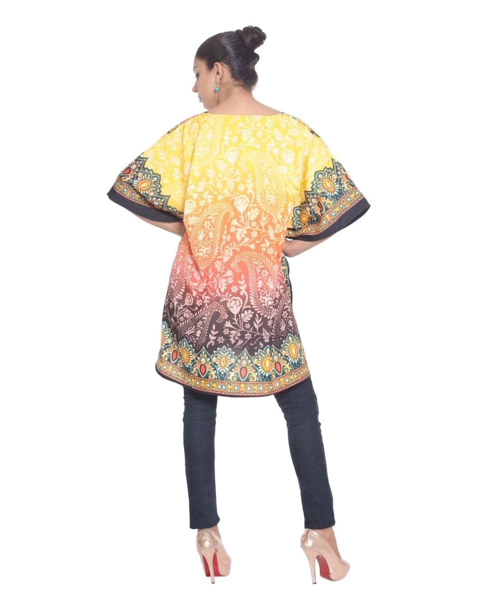 Yellow Polyester Paisley Pattern kimono Tunic For Plus Size Women