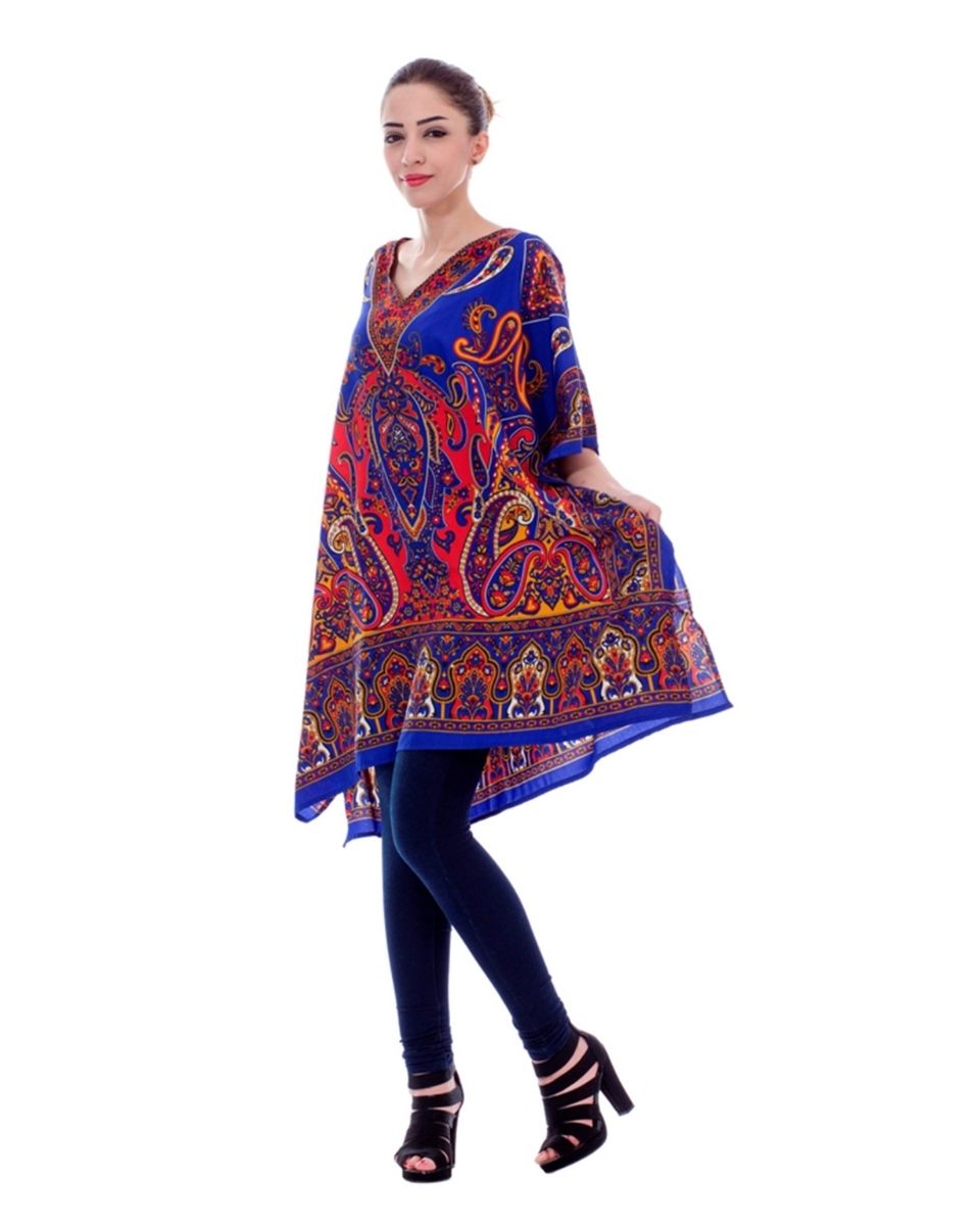 Blue And Brown Paisley Pattern Polyester Tunic For Plus Size Women