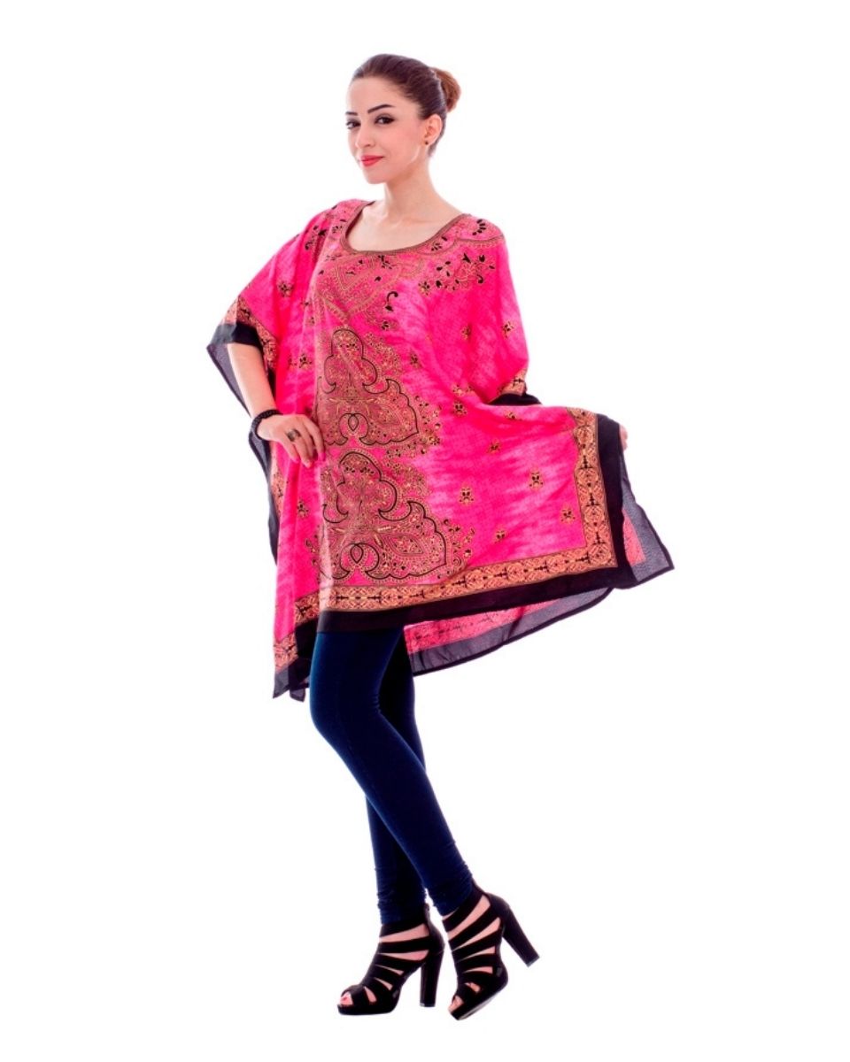 Pink Polyester Kimono Style Tunic Dress For Plus Size Women