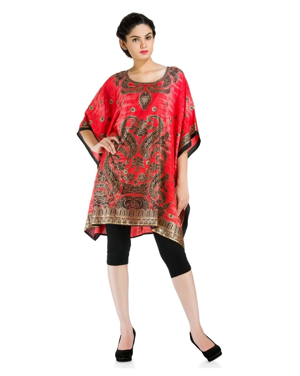 Mini Red Paisley Printed Polyester Tunic For Plus Size Women