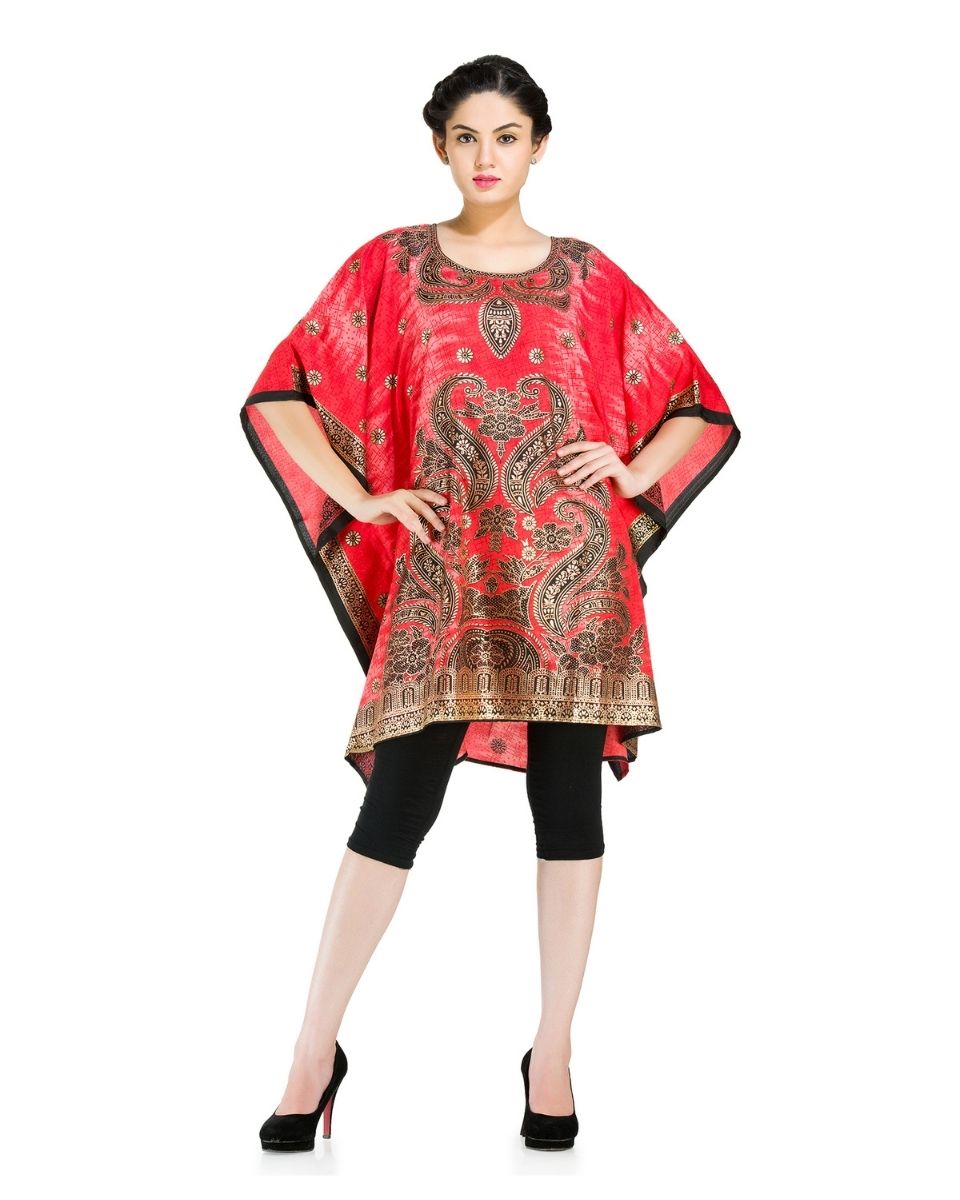 Mini Red Paisley Printed Polyester Tunic For Plus Size Women