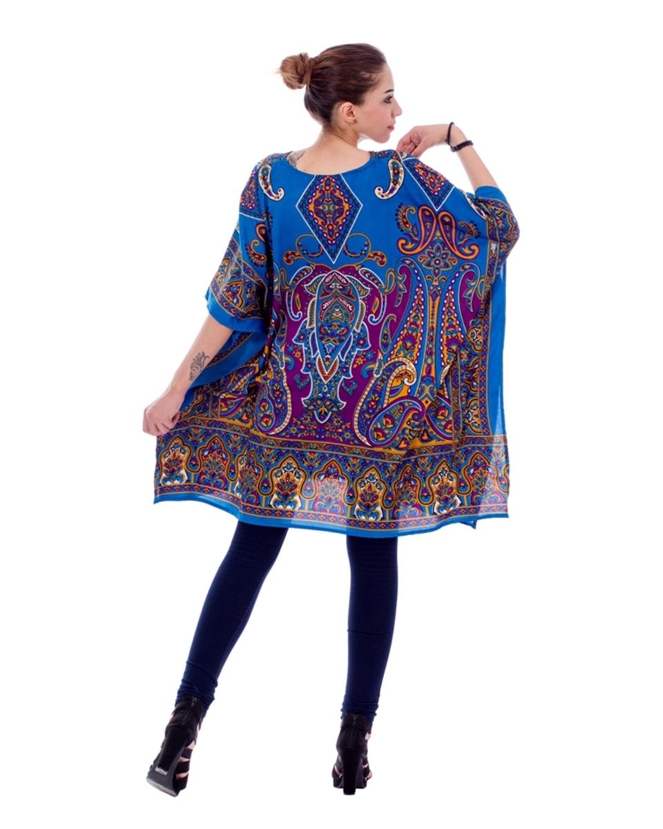 Blue Paisley Pattern Plus Size Polyester Tunic For Women