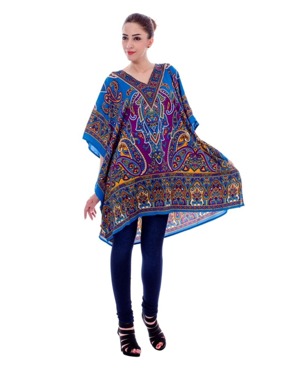 Blue Paisley Pattern Plus Size Polyester Tunic For Women