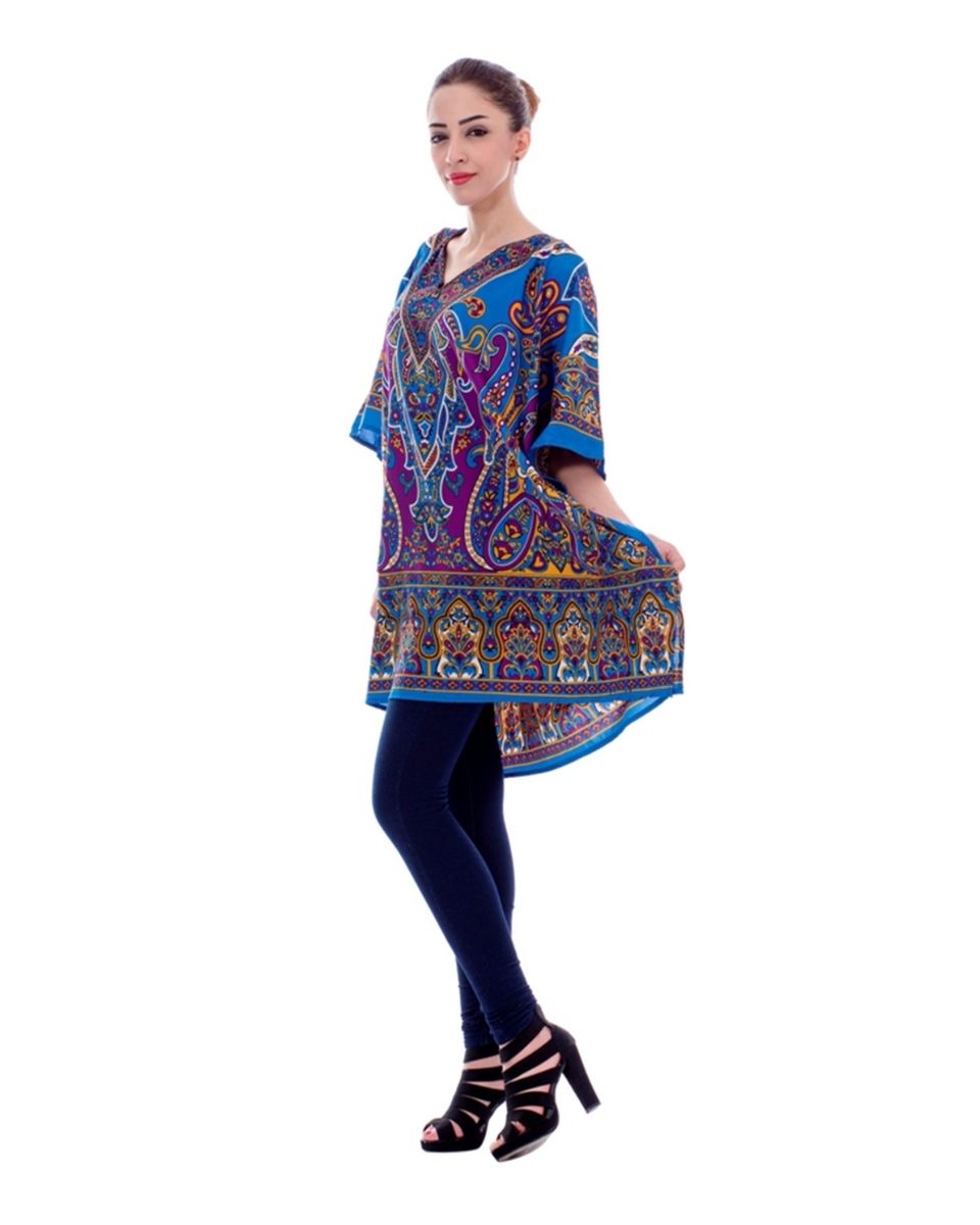 Blue Paisley Pattern Plus Size Polyester Tunic For Women