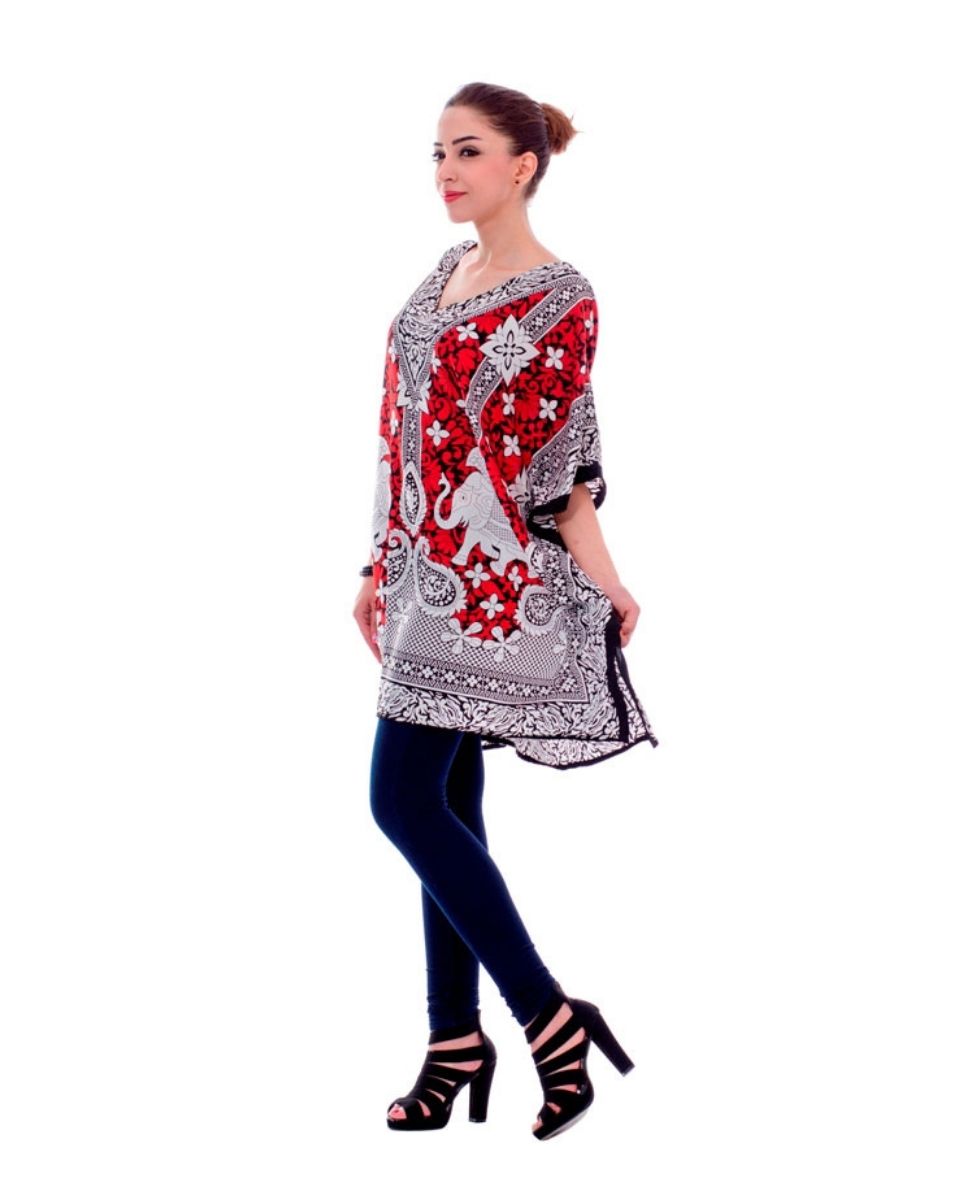 Red Floral Beachwear Tunic Top Dress For Plus Size Women