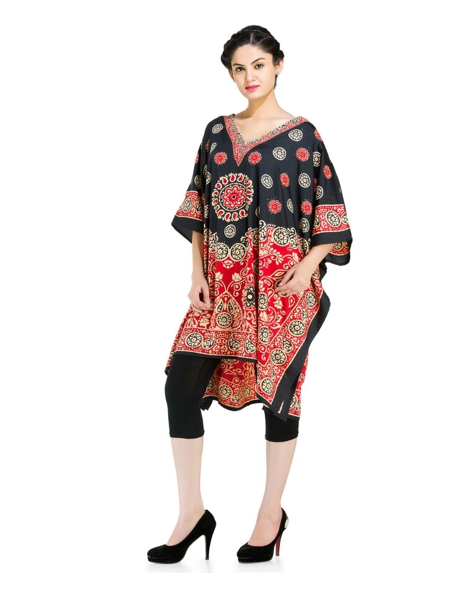 Black And Orange Paisley Pattern Polyester Kimono Tunic For Women