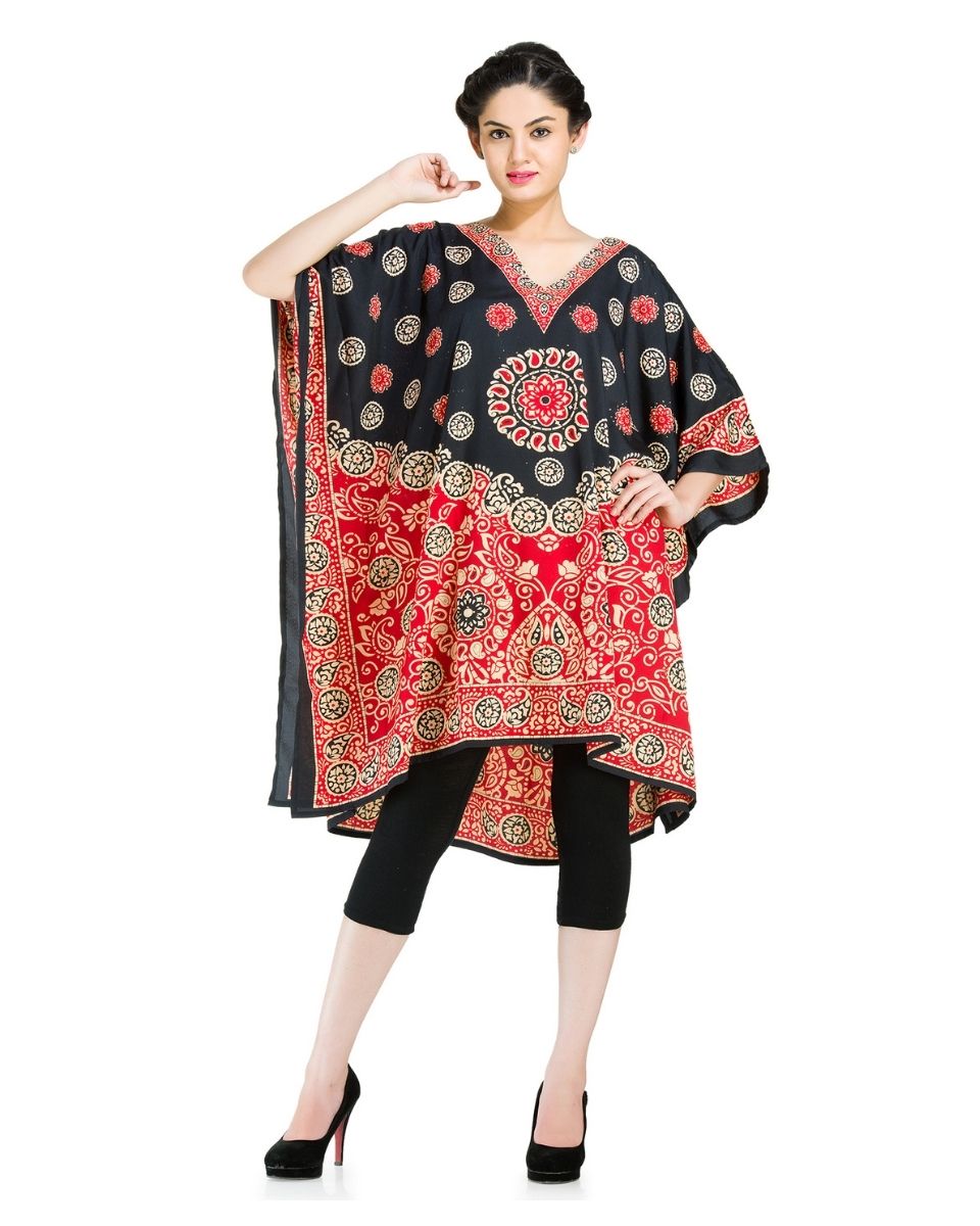 Black And Orange Paisley Pattern Polyester Kimono Tunic For Women