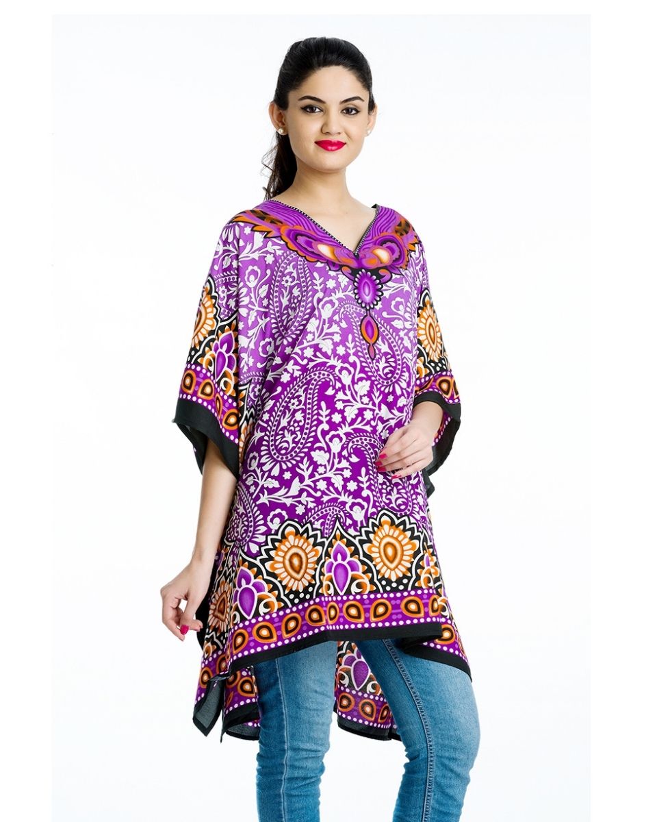 Purple Paisley Print Kimono Style Plus Size Polyester Tunic For Women