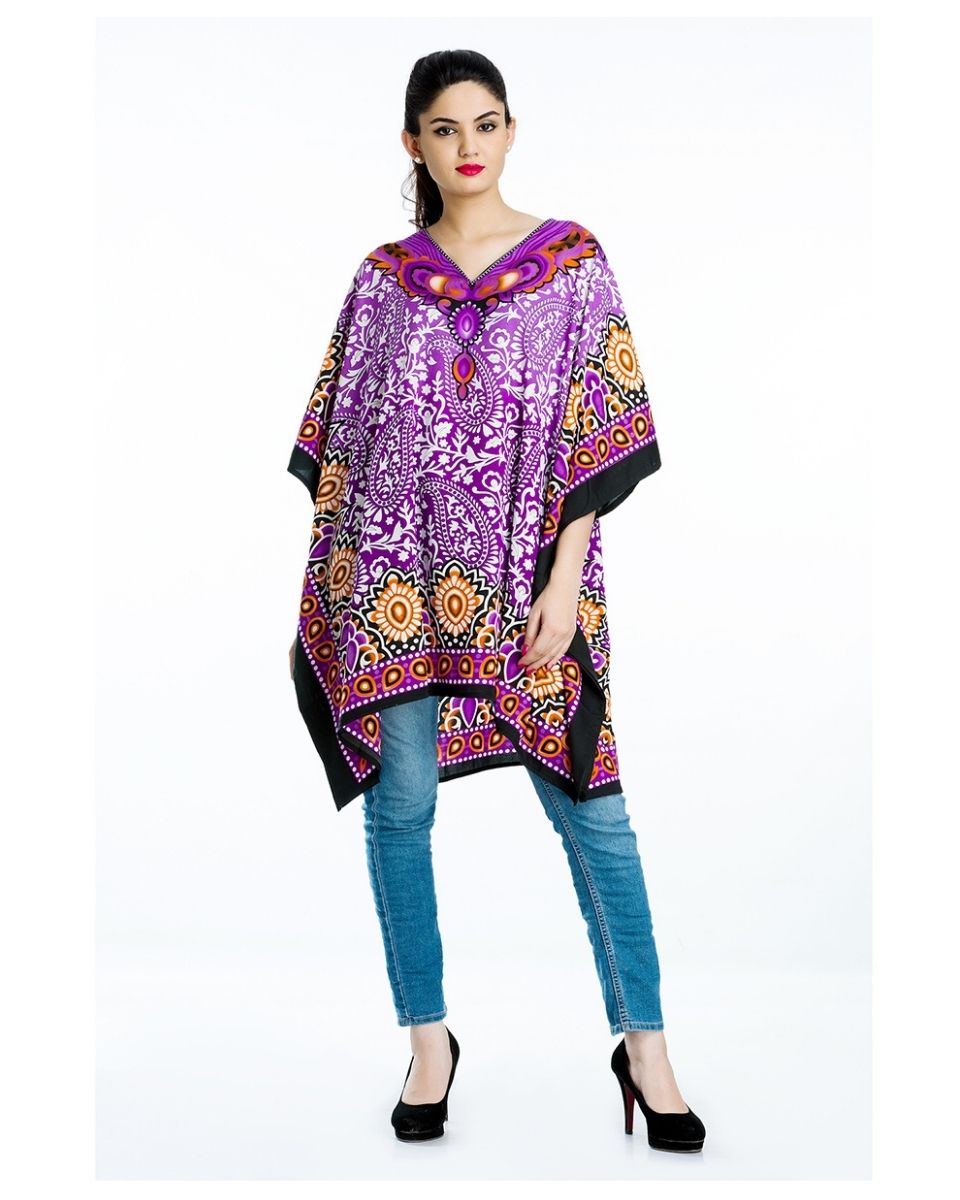 Purple Paisley Print Kimono Style Plus Size Polyester Tunic For Women