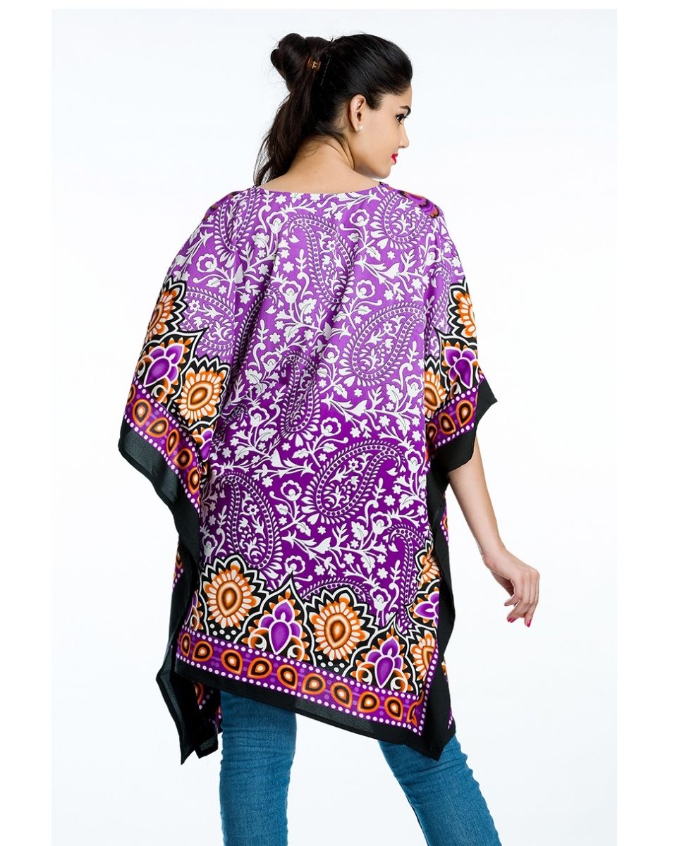 Purple Paisley Print Kimono Style Plus Size Polyester Tunic For Women