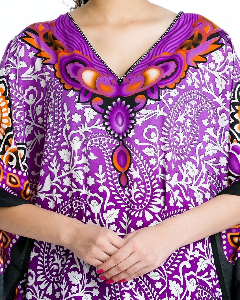 Purple Paisley Print Kimono Style Plus Size Polyester Tunic For Women