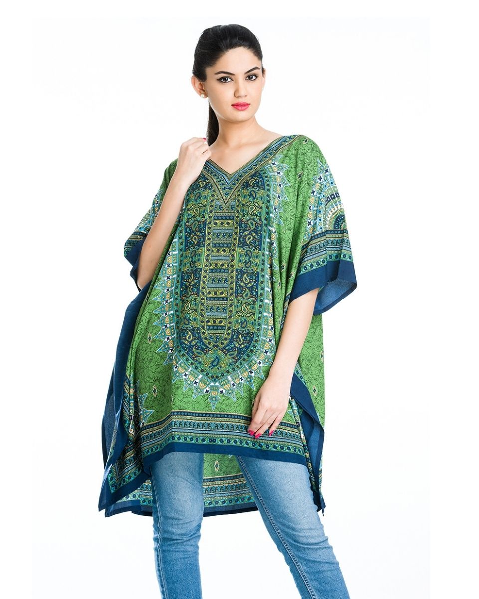 Green Paisley Print Polyester Resort Wear Tunic For Plus Size Women