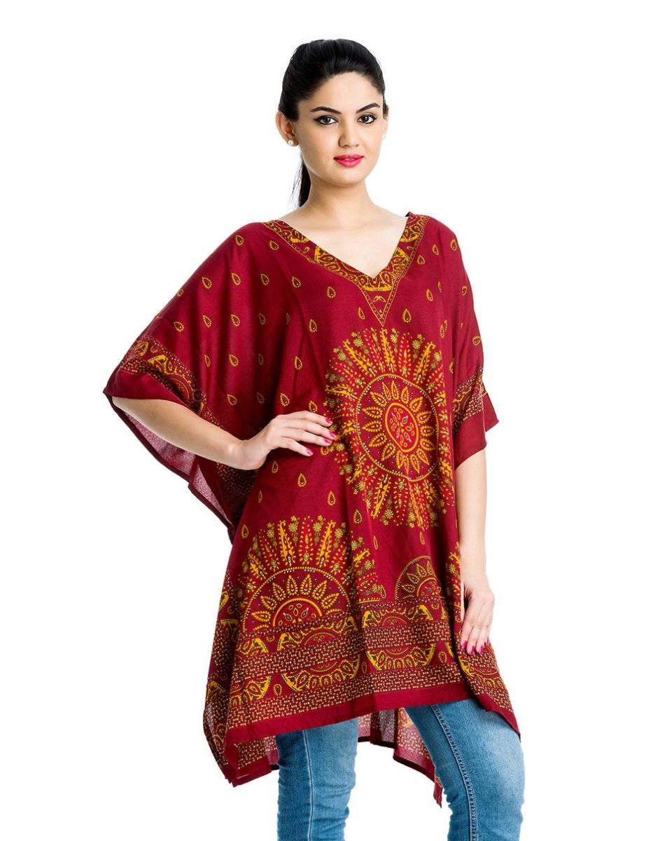 Paisley Pattern Red Plus Size Kimono Sleeve Polyester Tunic For Women