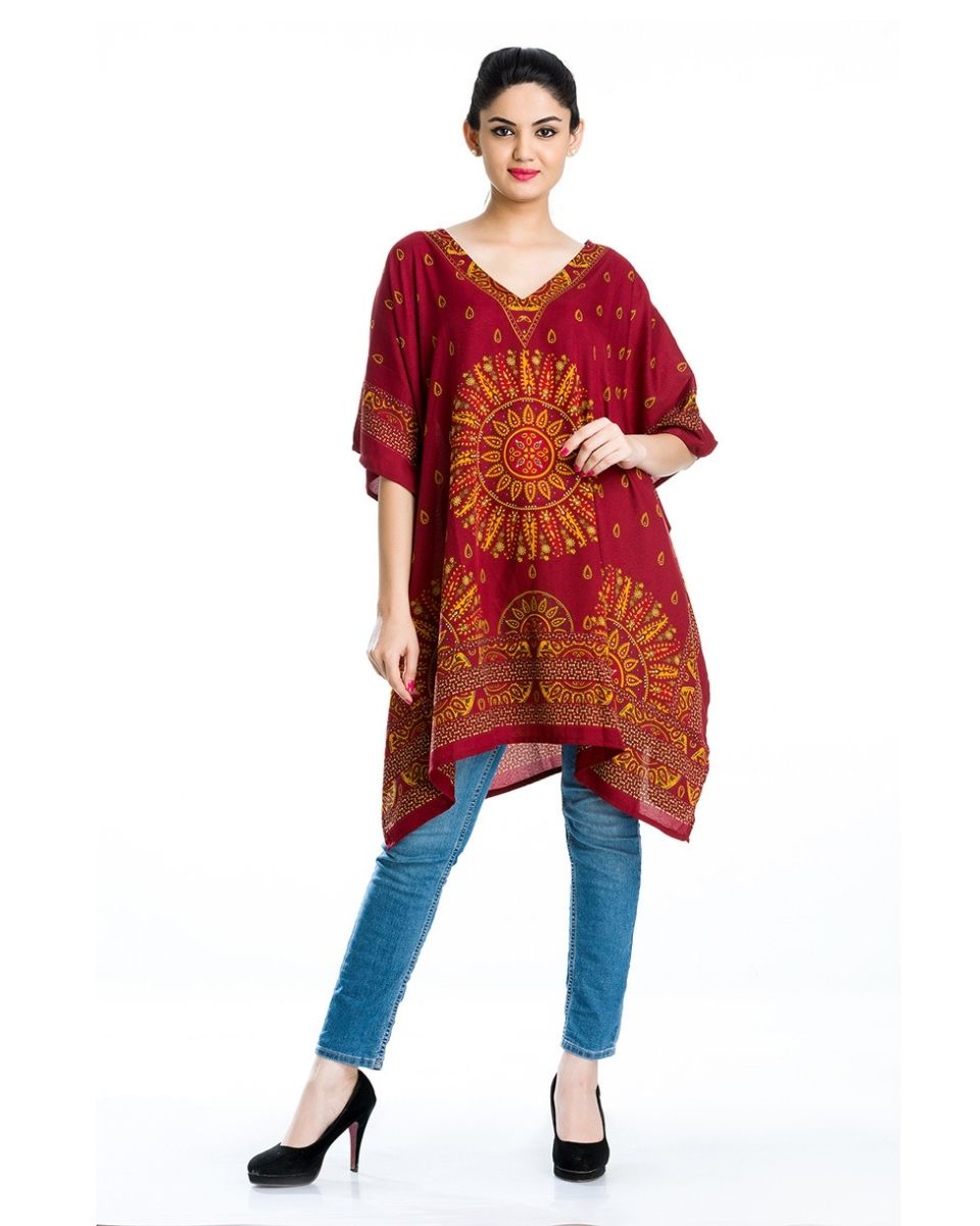 Paisley Pattern Red Plus Size Kimono Sleeve Polyester Tunic For Women