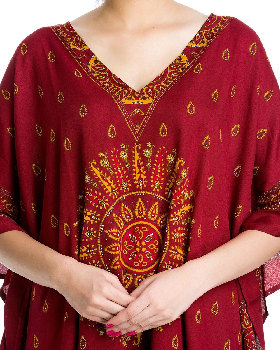 Paisley Pattern Red Plus Size Kimono Sleeve Polyester Tunic For Women