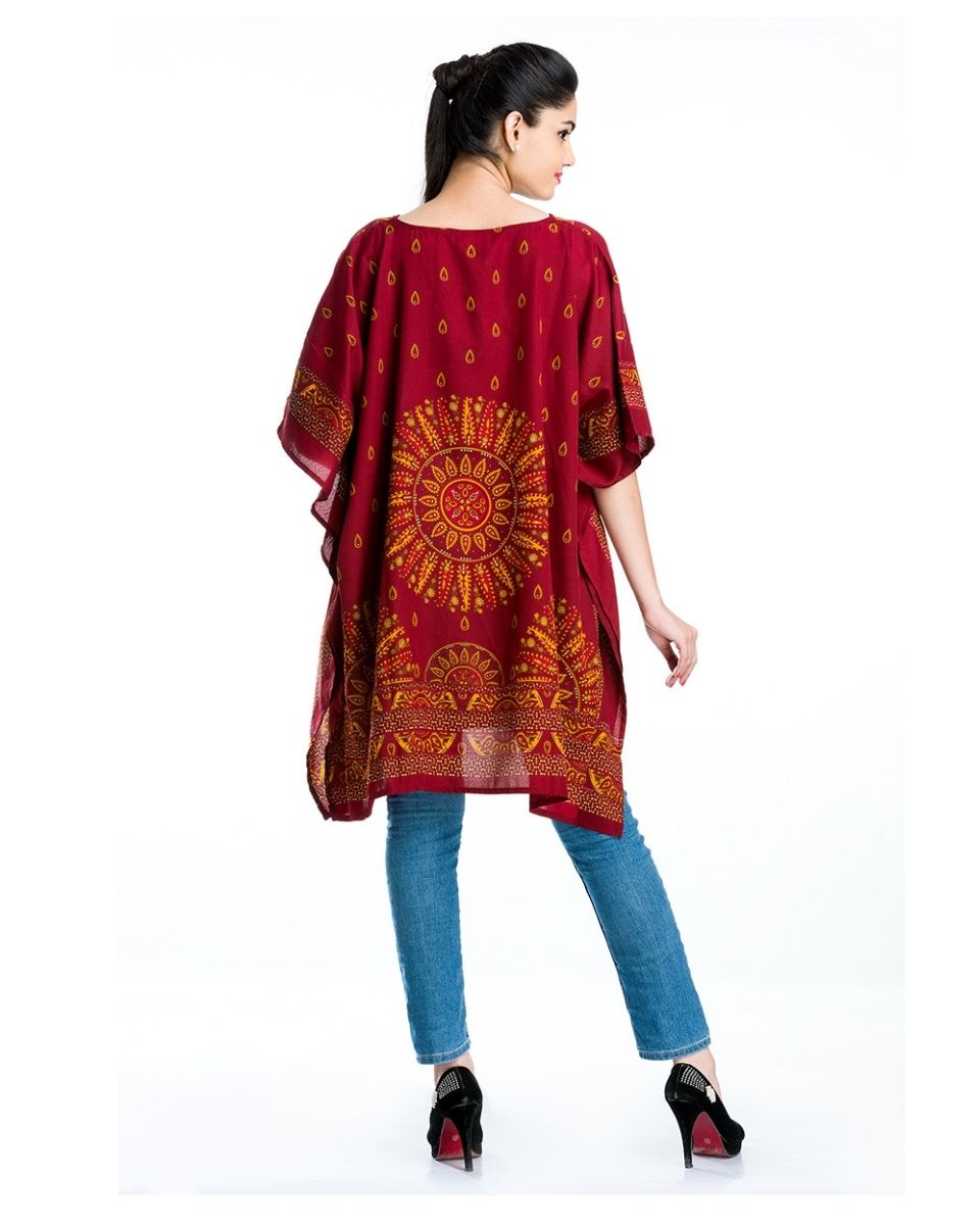 Paisley Pattern Red Plus Size Kimono Sleeve Polyester Tunic For Women