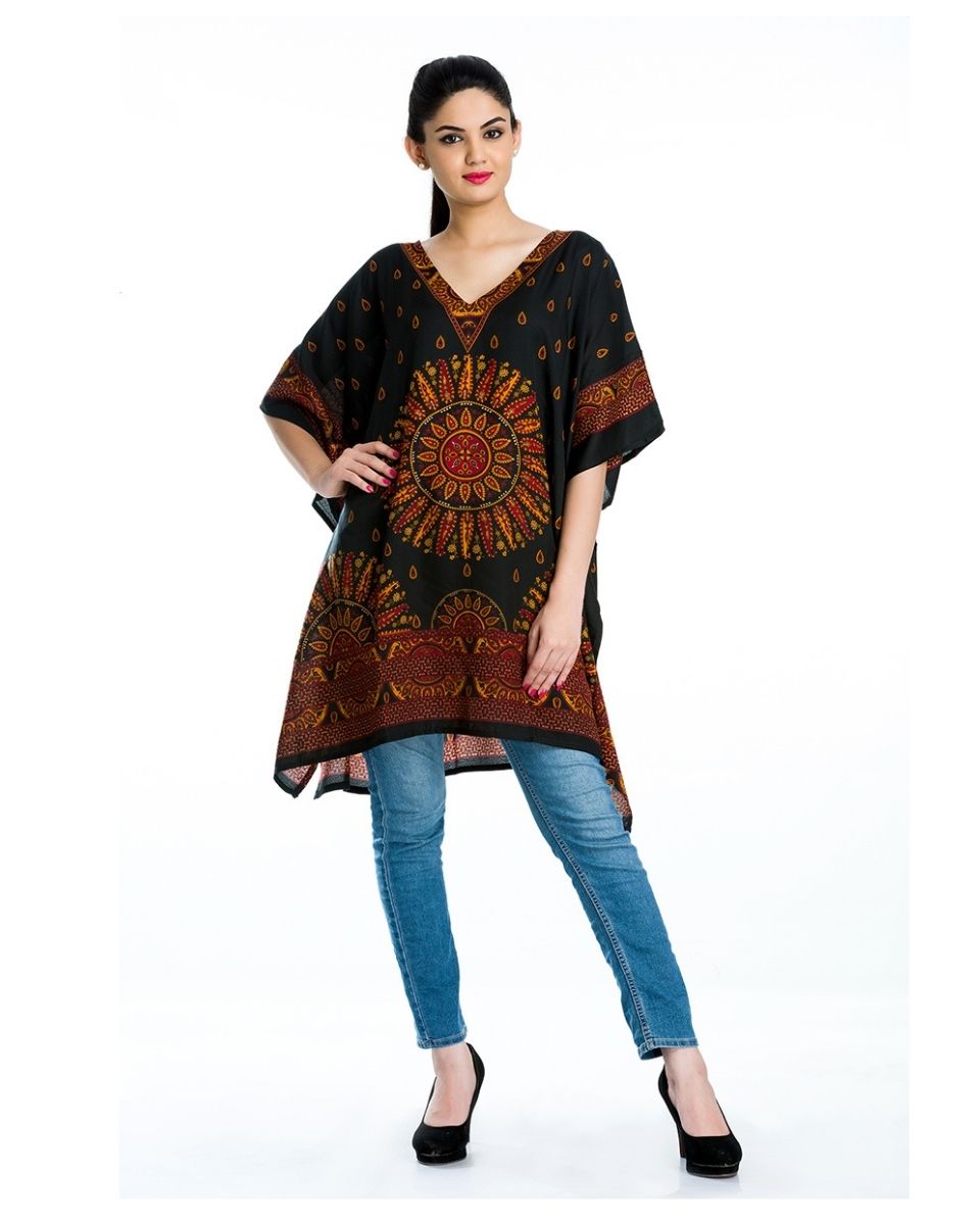 Kimono Sleeve Black Paisley Pattern Plus Size Tunic For Women