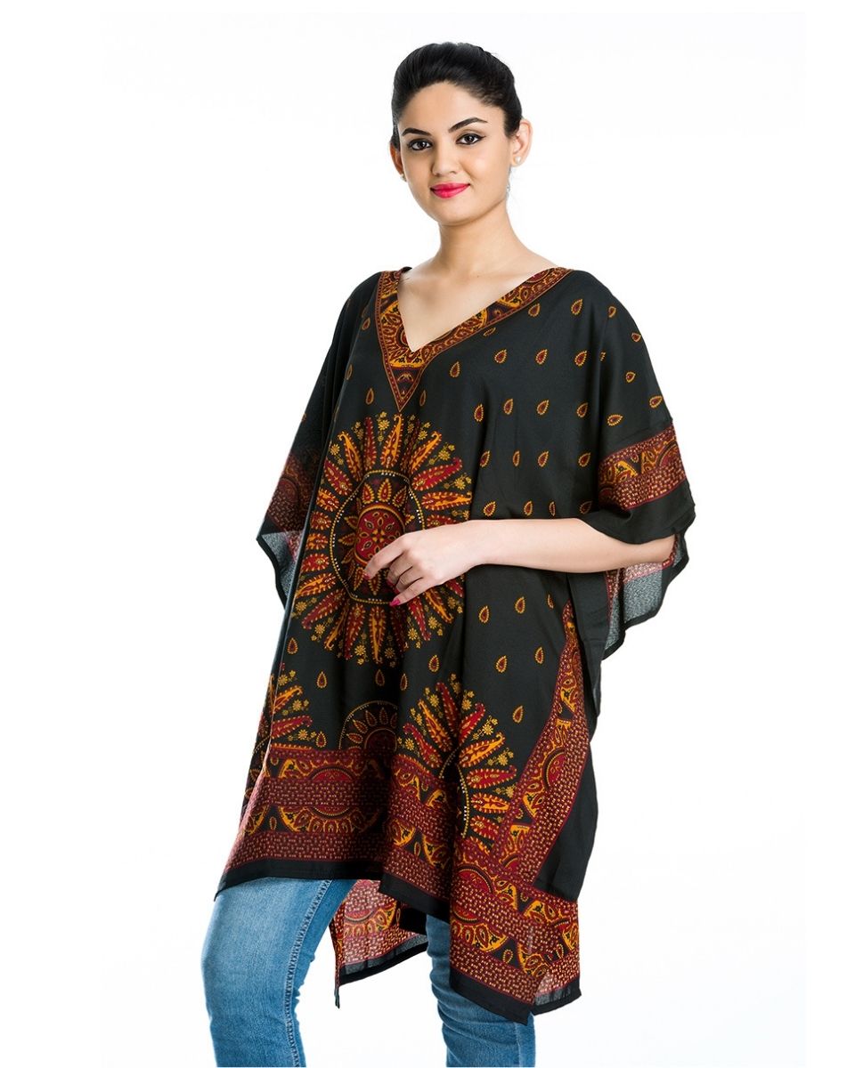 Kimono Sleeve Black Paisley Pattern Plus Size Tunic For Women