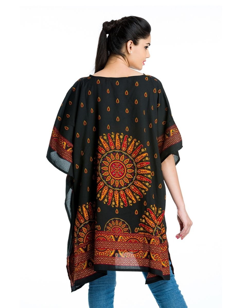 Kimono Sleeve Black Paisley Pattern Plus Size Tunic For Women