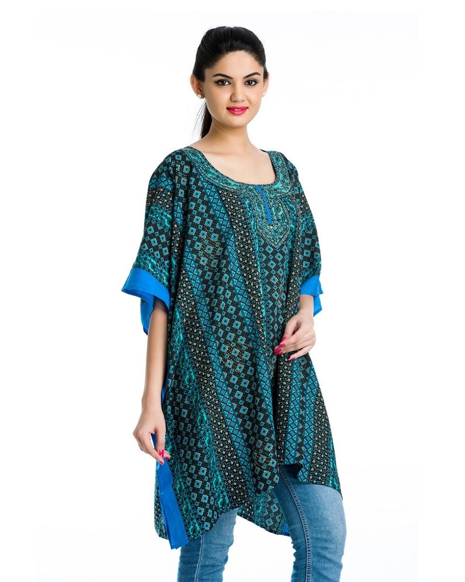 Turquoise Geometric Tunic Kaftan Plus Size Polyester Dress for Women Beachwear Tunics