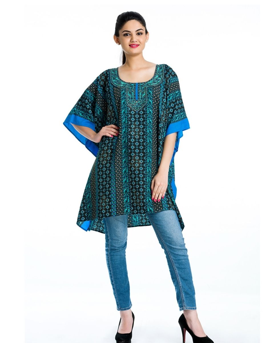 Turquoise Geometric Tunic Kaftan Plus Size Polyester Dress for Women Beachwear Tunics