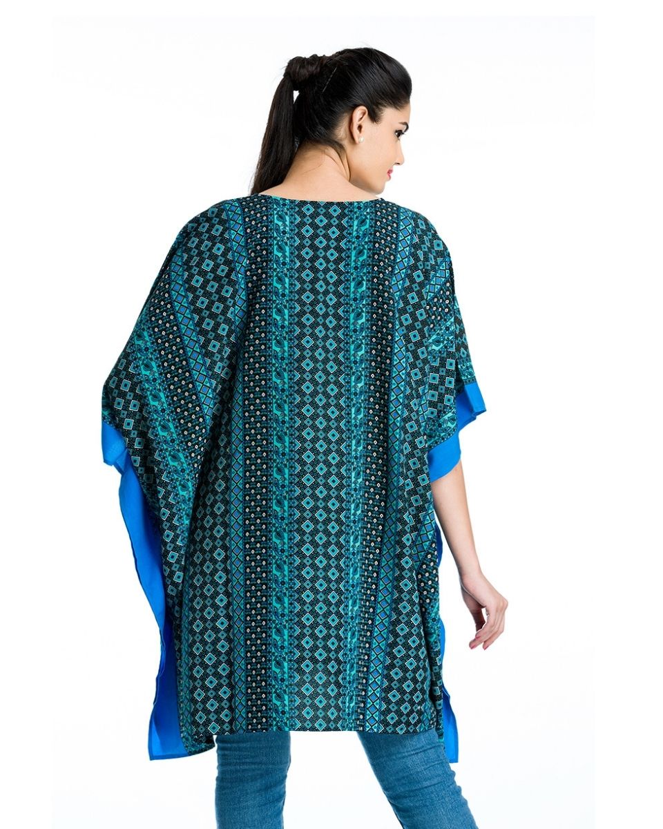 Turquoise Geometric Tunic Kaftan Plus Size Polyester Dress for Women Beachwear Tunics