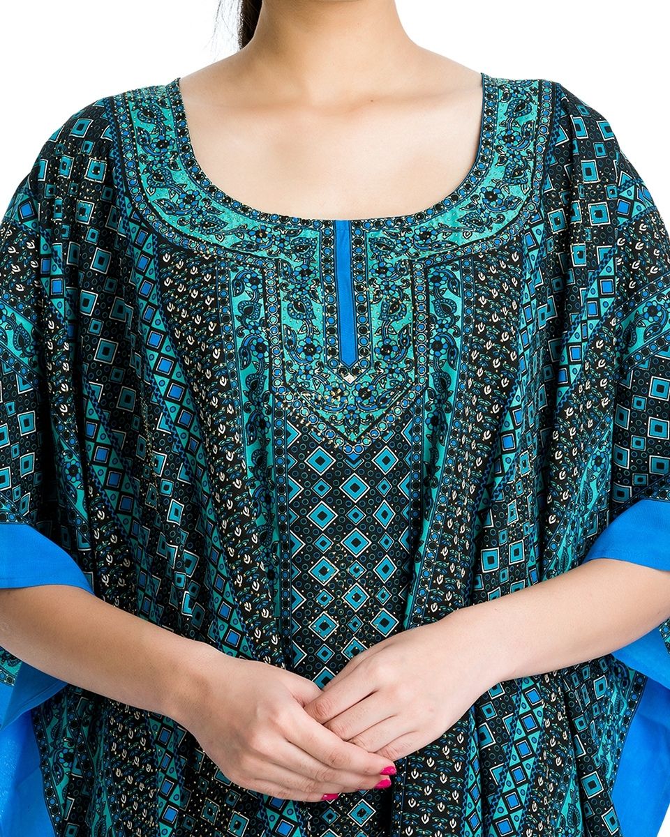 Turquoise Geometric Tunic Kaftan Plus Size Polyester Dress for Women Beachwear Tunics