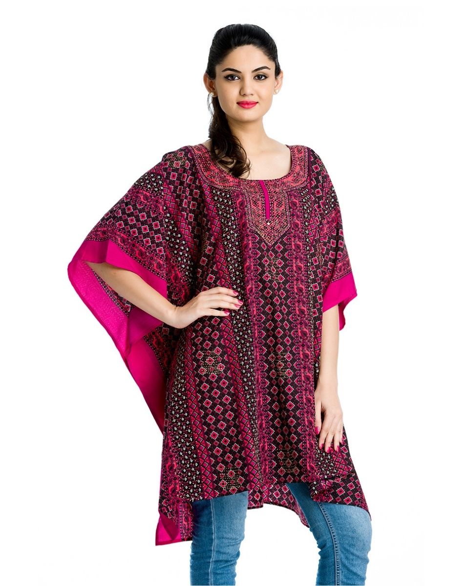 Pink Geometric Plus Size Polyester Beachwear Tunics Top For Women