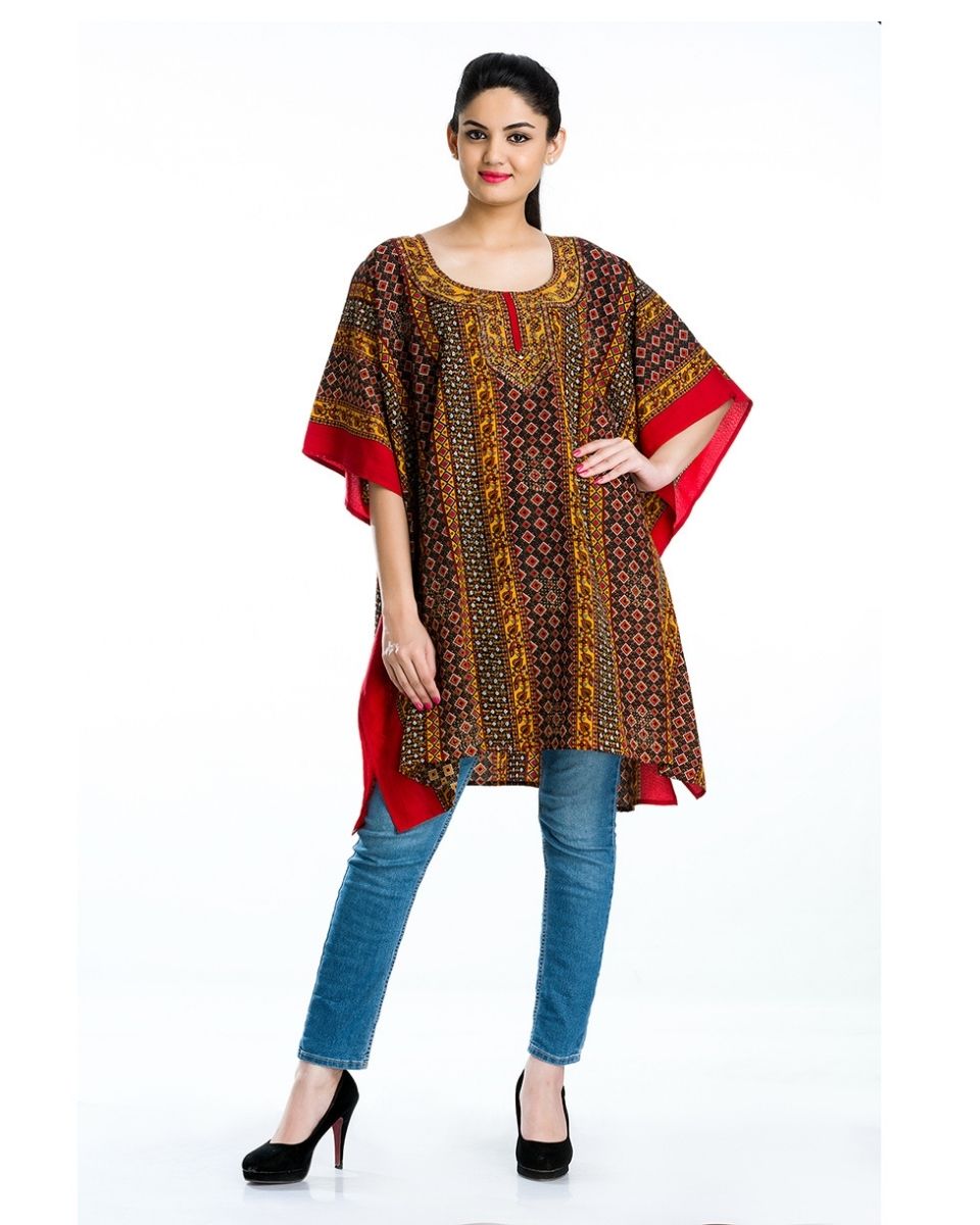 Red Geometric Plus Size Polyester Tunic Beachwear Top For Women