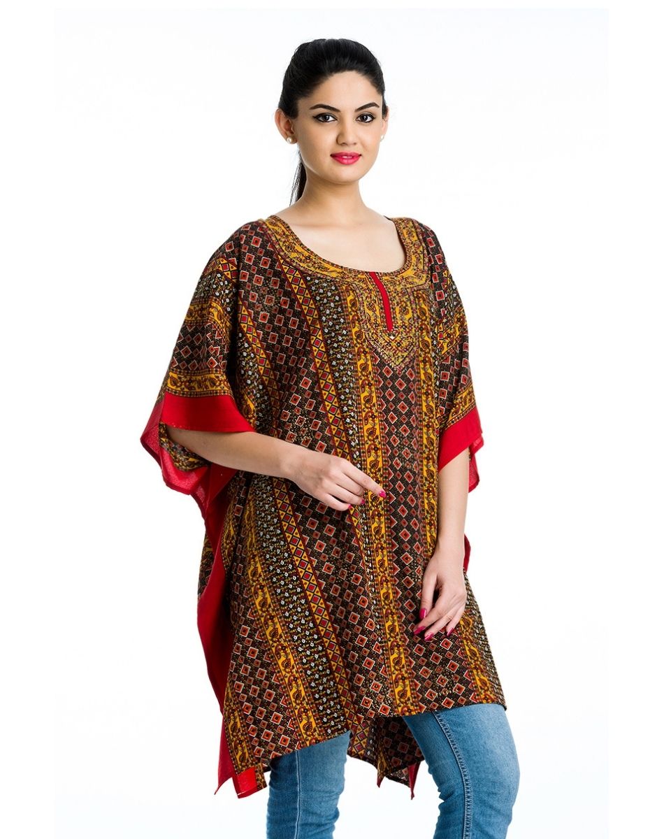 Red Geometric Plus Size Polyester Tunic Beachwear Top For Women