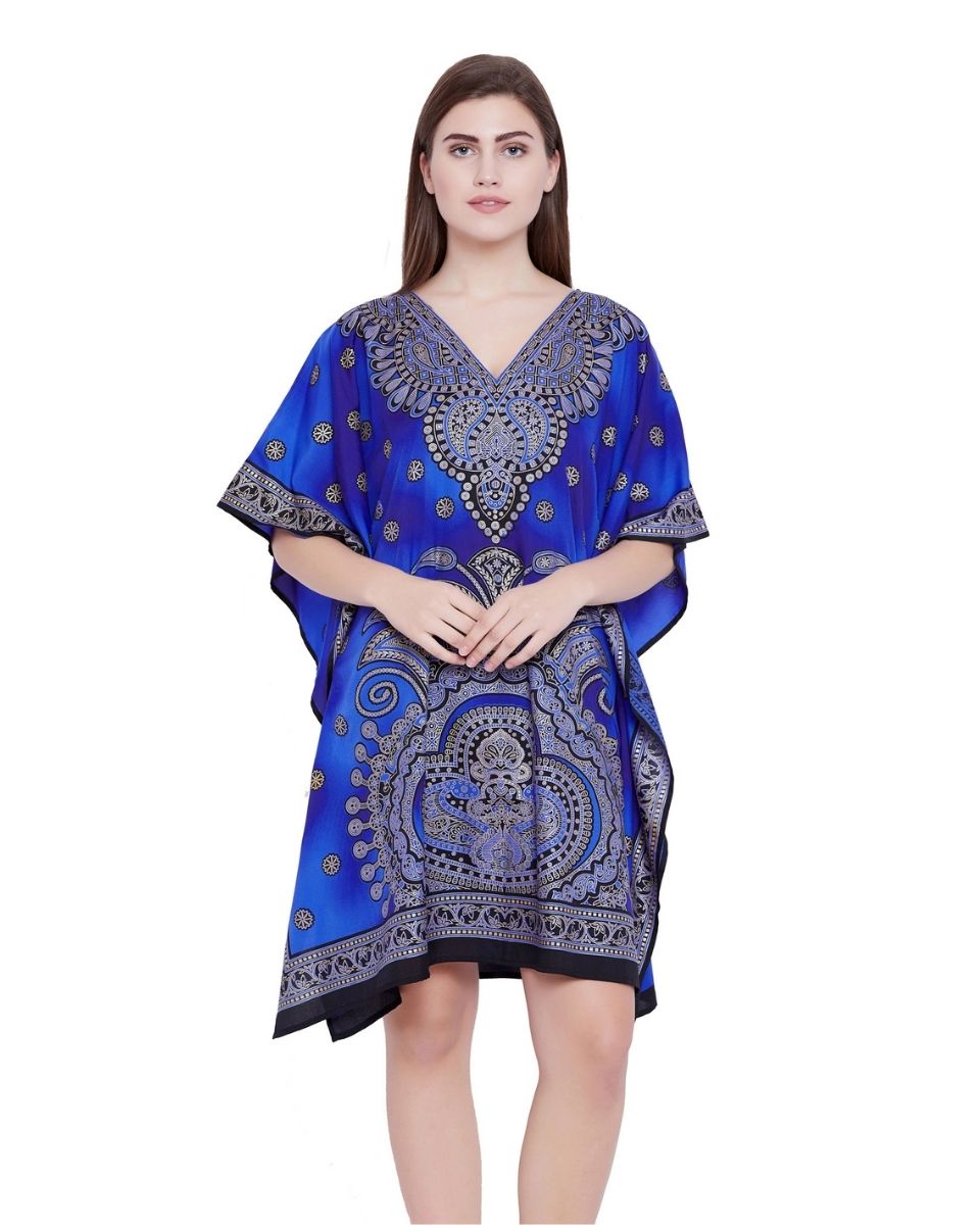 Kimono Style Short Tunic Blue Polyester For Plus Size Women