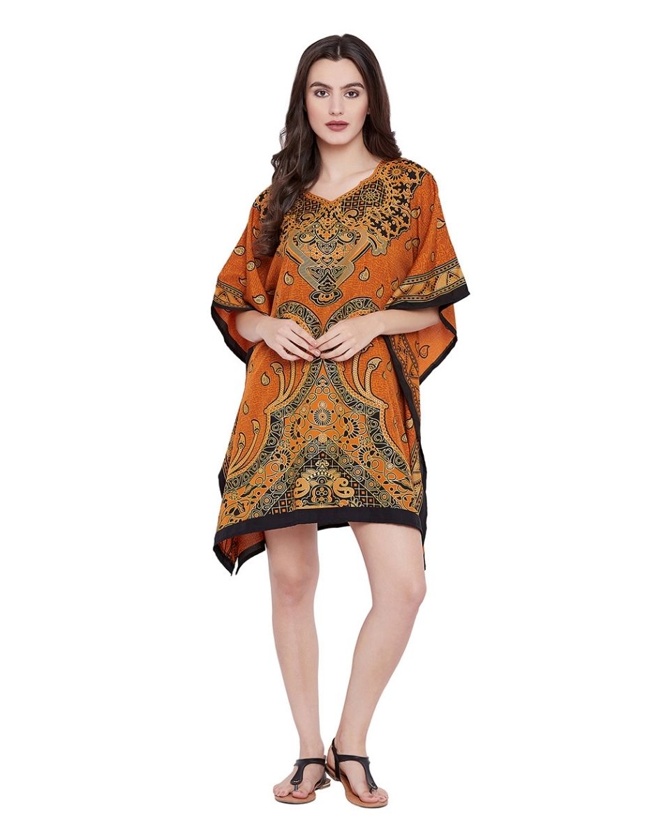 Rust Orange Paisley Short Tunic Kimono Dress For Plus Size Women