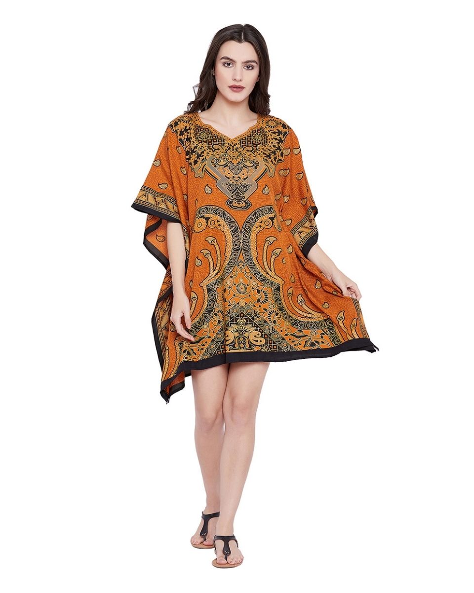 Rust Orange Paisley Short Tunic Kimono Dress For Plus Size Women