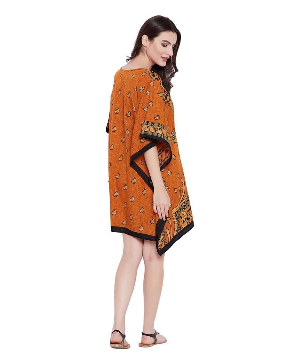 Rust Orange Paisley Short Tunic Kimono Dress For Plus Size Women