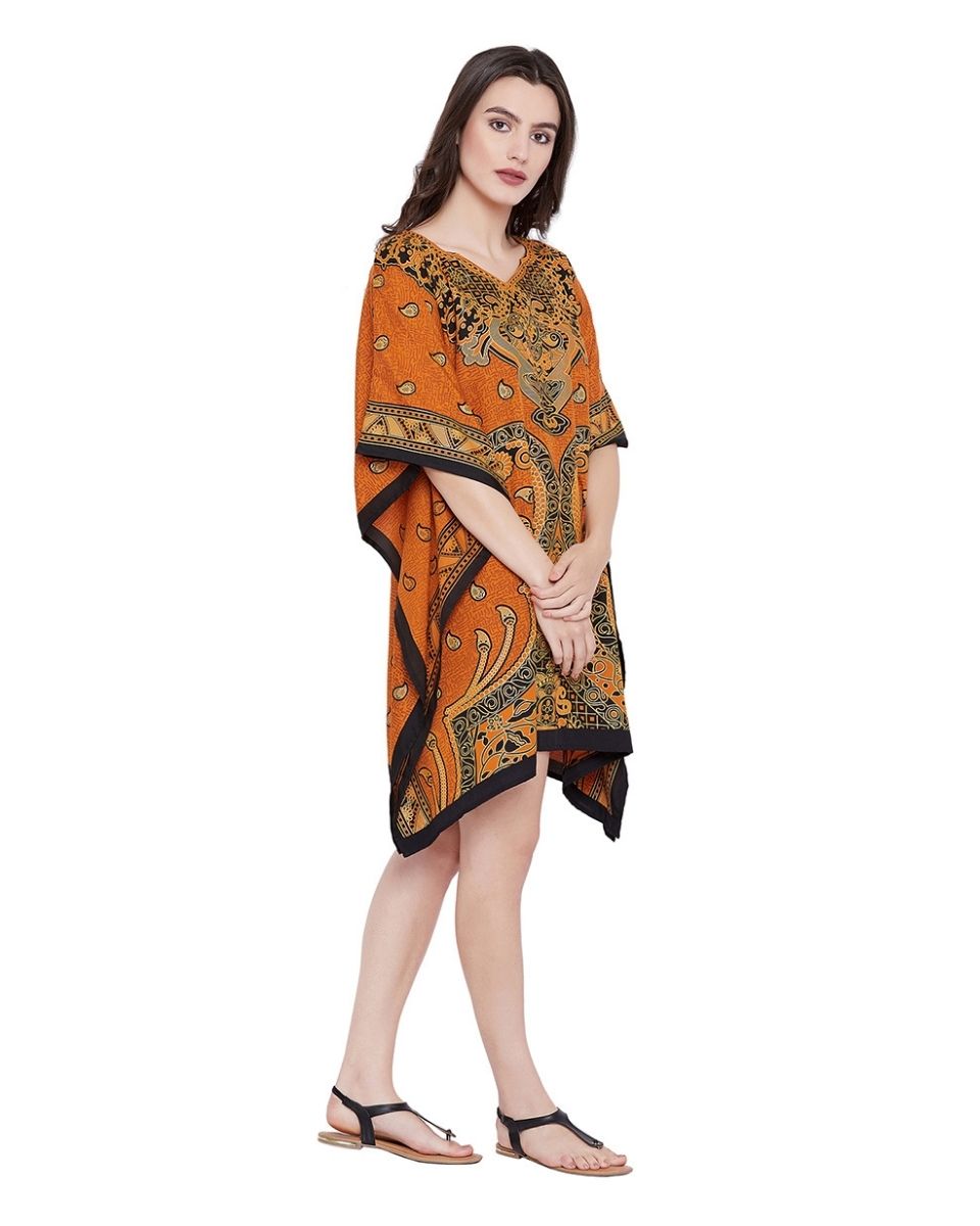 Rust Orange Paisley Short Tunic Kimono Dress For Plus Size Women